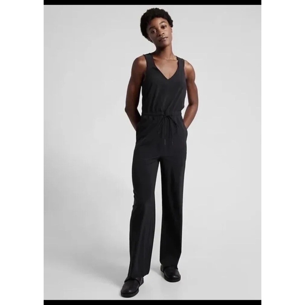 Athleta Brooklyn V-Neck Jumpsuit Black Wide Leg Sleeveless Drawstring Size 10